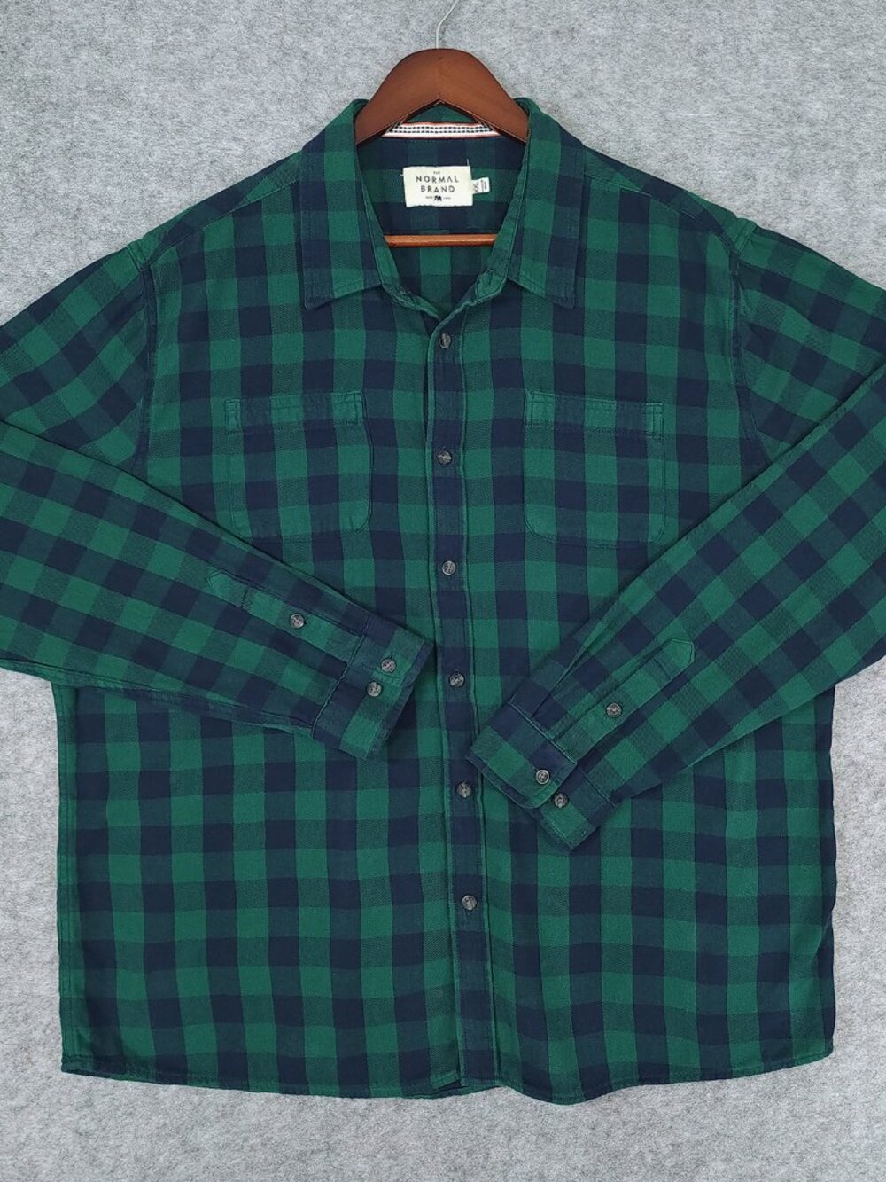 The Normal Brand Button Up Shirt XXL 2XL Green Navy Buffalo Check Plaid Twill